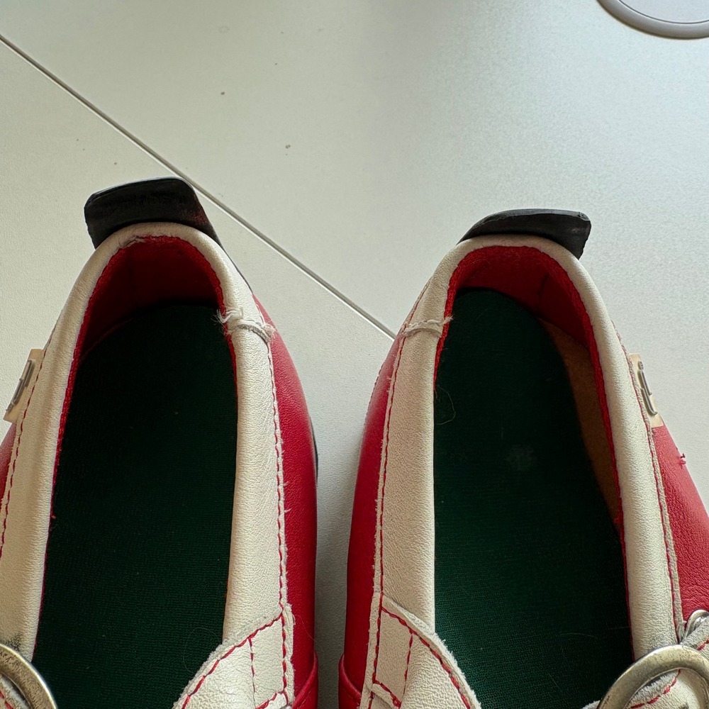 Footprints Birkenstock Mary Jane Women Size 36 Red Leather Cream Trim Buckle - Picture 10 of 13